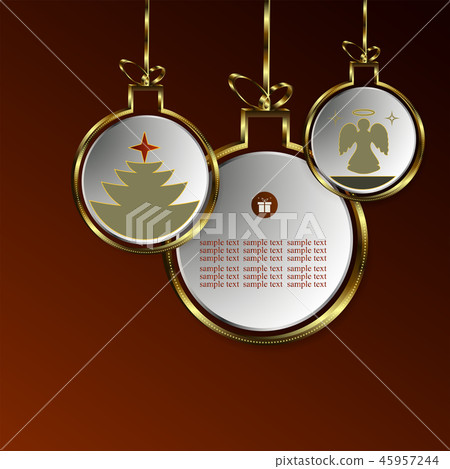 Christmas design of abstract balls with silhouettes of a tree and an angel with a gold border. Christmas design of abstract balls with silhouettes of a tree and an angel with a gold border. 45957244