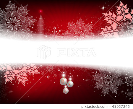 Christmas red background with little Christmas tree, white balls and large red snowflakes. Christmas red background with little Christmas tree, white balls and large red snowflakes. 45957245