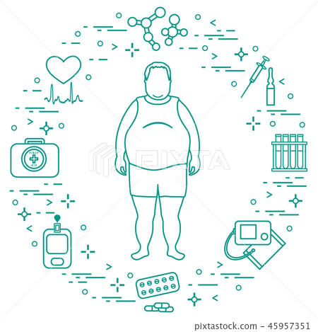 Fat man with medical devices, tools and drugs Fat man with medical devices, tools and drugs 45957351