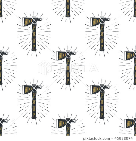 Camping axes cross pattern. Lumberjack equipment seamless. Hike more text inside. Stock wallpaper Camping axes cross pattern. Lumberjack equipment seamless. Hike more text inside. Stock wallpaper 45958074