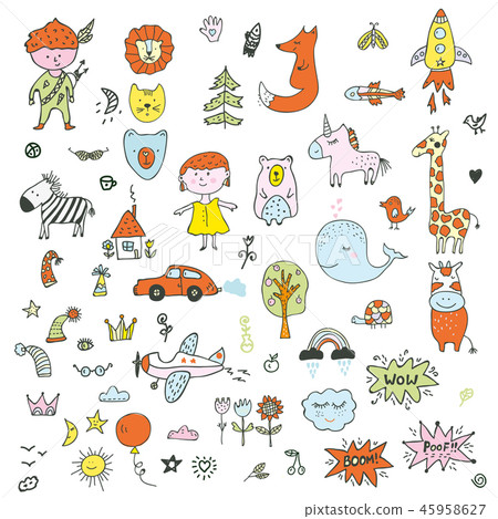 Kids doodle set funny illustrations 45958627