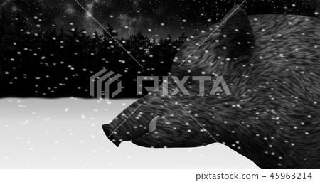 Wild boar in a night snowy winter forest animation