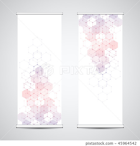 Roll up banner stands with abstract geometric background of hexagons pattern. Vector illustration 45964542