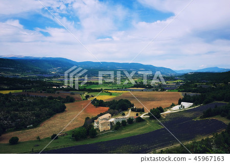 Arial view on lavender fields in Drome Alpen Arial view on lavender fields in Drome Alpen 45967163