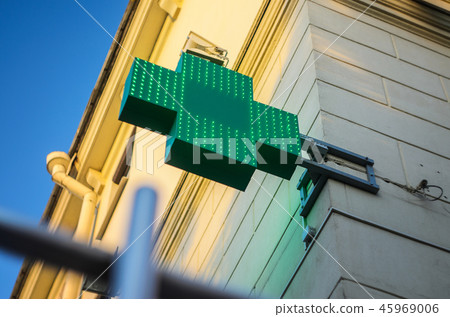 Pharmacy Sign on the Facade Wall Pharmacy Sign on the Facade Wall 45969006