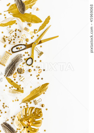 Flat Lay on White Background with Golden Deco Flat Lay on White Background with Golden Deco 45969068