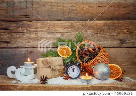 Christmas New Year Composition on old shabby rustic wooden background Christmas New Year Composition on old shabby rustic wooden background 45969121