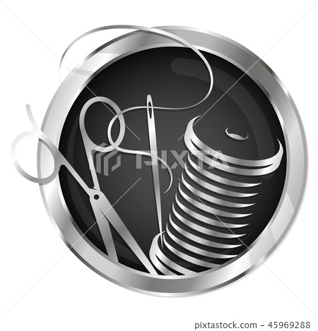 Needle with thread and scissors in a silver circle Needle with thread and scissors in a silver circle 45969288