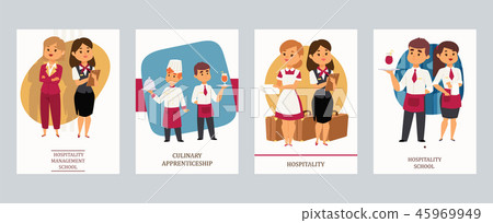 Culinary arts or hospitality school vector Illustration. Cards with hotel staff, meneger and 45969949
