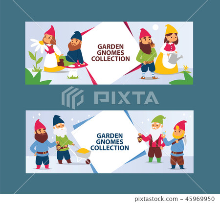 Garden gnome beard dwarf characters cadrs and gardening flayer klitsch family figure background 45969950