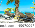 Sun chairs on the beach among palm trees in the re 45970097