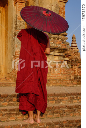 A monk at ancient temple in Bagan, Myanmar 45973870