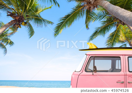 car with surf on the tropical beach 45974526