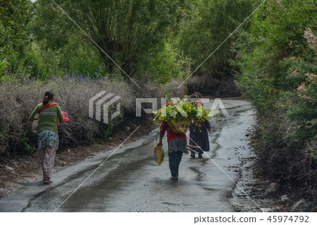 Tibetan people walking on rural road 45974792