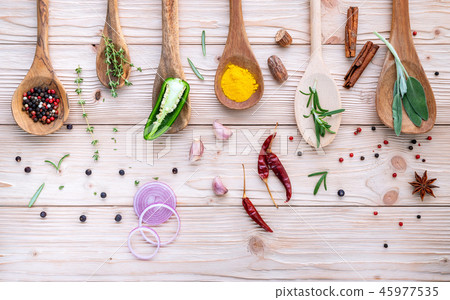 Various of spices and herbs in wooden spoons. Various of spices and herbs in wooden spoons. 45977535