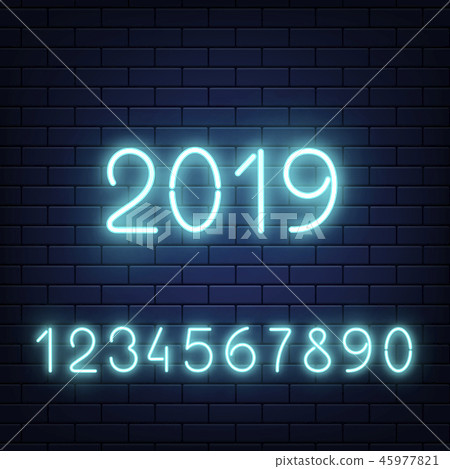 Vector glowing neon numbers set on brick wall 45977821