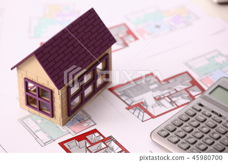 Small miniature house stands on drawing 45980700