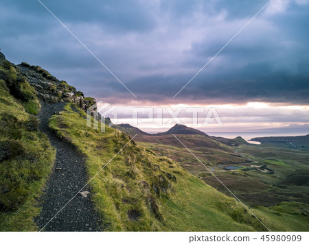 Sunrise over the Quiraing on the Isle of Skye in Scotland. Sunrise over the Quiraing on the Isle of Skye in Scotland. 45980909
