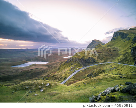 Sunrise over the Quiraing on the Isle of Skye in Scotland. Sunrise over the Quiraing on the Isle of Skye in Scotland. 45980911