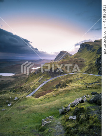 Sunrise over the Quiraing on the Isle of Skye in Scotland. Sunrise over the Quiraing on the Isle of Skye in Scotland. 45980912