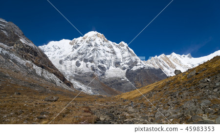 Himalayas mountain landscape in the Annapurna region. Annapurna peak in the Himalaya range, Nepal Himalayas mountain landscape in the Annapurna region. Annapurna peak in the Himalaya range, Nepal 45983353