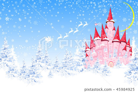 Pink castle, forest, winter, Santa 45984925