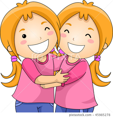 Kids Girls Twins Hug Illustration 45985278