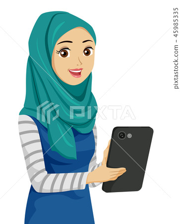 Teen Girl Muslim Tablet Illustration 45985335