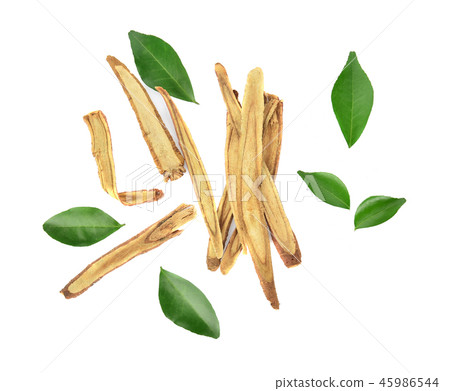 Top view of Slice Licorice roots  white background 45986544