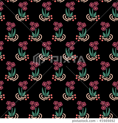 Folk flowers seamless vector repeating background pink on black. Scattered small florals pattern. For fabric, girl, nursery, page fills, packaging, digital paper, cards, Dirnd, Trachten stoff, Tracht 45989892