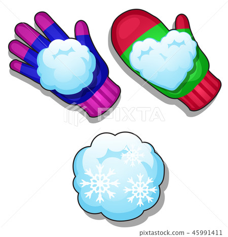 Set of winter knitted colorful gloves, snowballs of different shapes isolated on white background Set of winter knitted colorful gloves, snowballs of different shapes isolated on white background 45991411