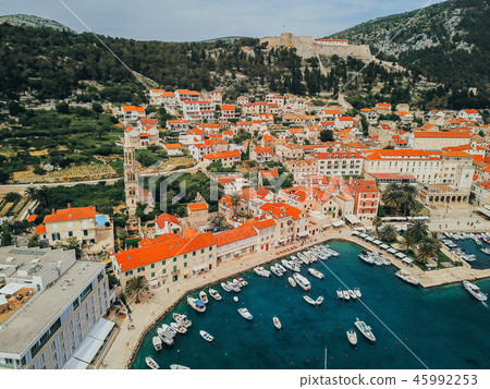 Aerial view photo of picturesque port with sailboats and yachts 45992253