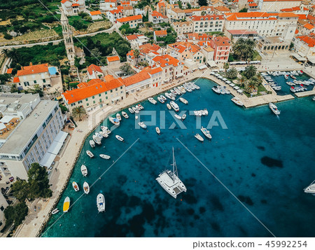 Aerial view photo of picturesque port with sailboats and yachts 45992254