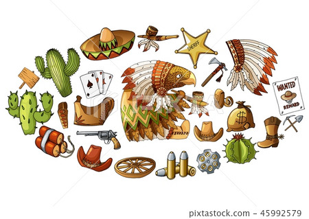 Vector hand drawn wild west indians elements stickers set illustration 45992579