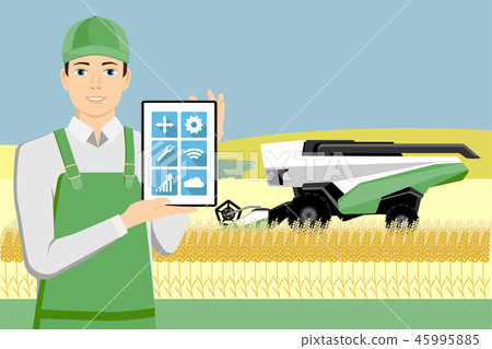 Farmer controls an autonomous harvester 45995885