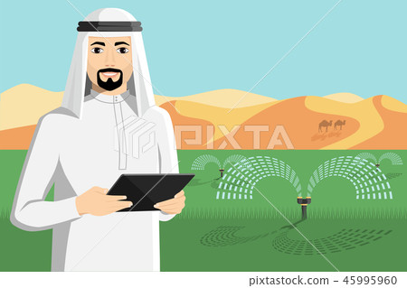 Arab farmer controls irrigation system. Arab farmer controls irrigation system. 45995960