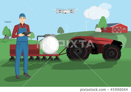 Farmer controls a autonomous tractor  45998084