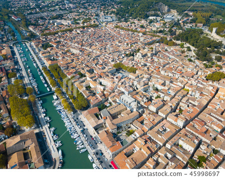 Aerial view of channel with boats in Beaucaire Aerial view of channel with boats in Beaucaire 45998697