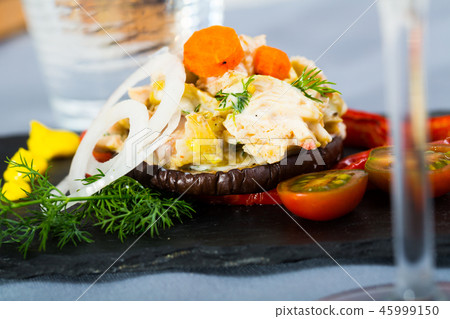 Chicken salad served on eggplant Chicken salad served on eggplant 45999150