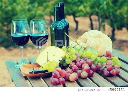 Red wine, cheese, bread and grapes against vineyard 45999151
