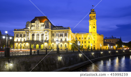 Oradea City Hall and river Crisul Repede in night 45999239