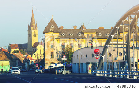 Sibiu streets with Cathedral 45999316