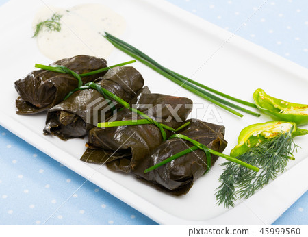 Grape rolls Sarni cooked in leaves and served at plate, Bulgarian cuisine 45999560