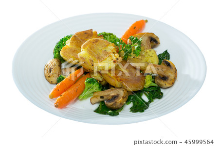 Cooked baked crash hot potatoes with mushrooms and vegetable 45999564