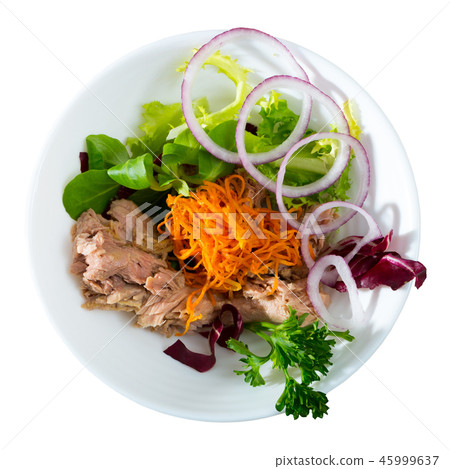 Top view of salad with carrot, canned tuna, onion Top view of salad with carrot, canned tuna, onion 45999637