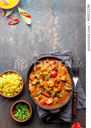 INDIAN FOOD. ROGAN JOSH curry sauce. Pork rogan josh with rice 46001296