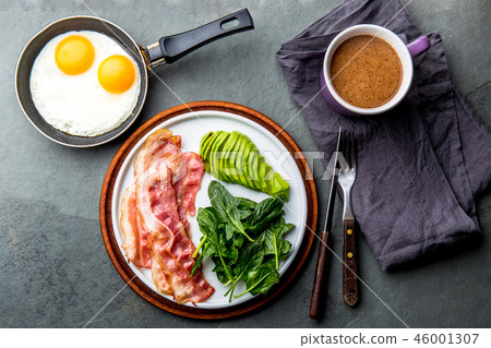 Ketogenic diet breakfast. fried egg, bacon and avocado, spinach and bulletproof coffee. Low carb 46001307