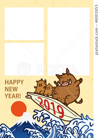 野豬2019野豬相框騎衝浪板新年卡矢量插圖素材 野豬2019野豬相框騎衝浪板新年卡矢量插圖素材 46003953
