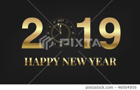 Happy New Year 2019. Typography label 2019 with gold clock, meaning one minute before New Year 46004956