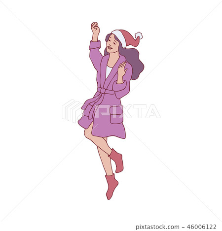 Vector illustration of young girl in warm home bathrobe and red Santa Claus hat jumping and dancing. Vector illustration of young girl in warm home bathrobe and red Santa Claus hat jumping and dancing. 46006122